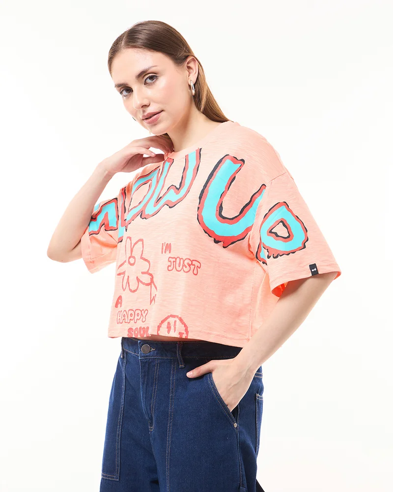 bewakoof Women's Orange Glow Up Graphic Printed Oversized Short Top